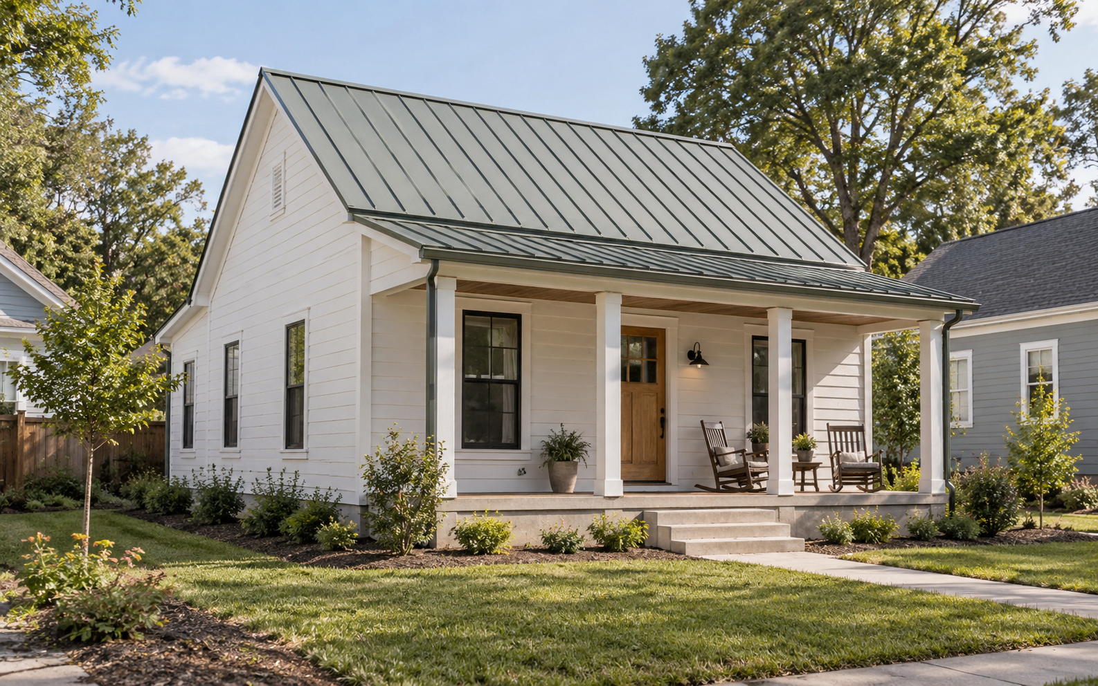 Illustrative compact white cottage with a metal roof and covered porch