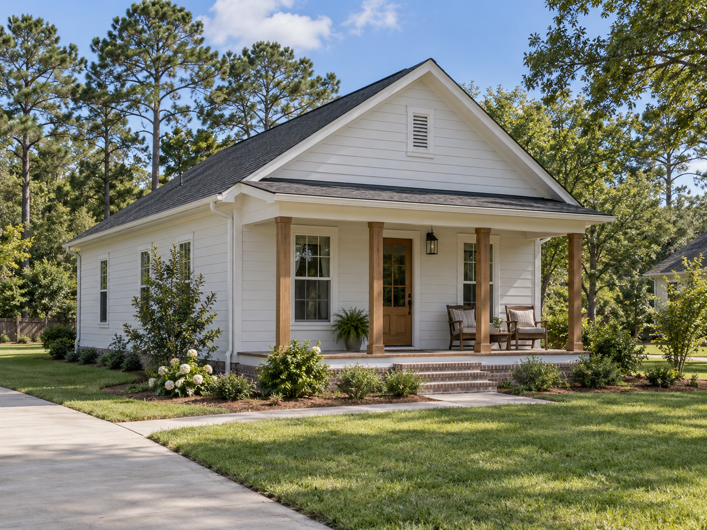 Conceptual rendering of the compact American Framewright Porch Cottage with a welcoming front porch