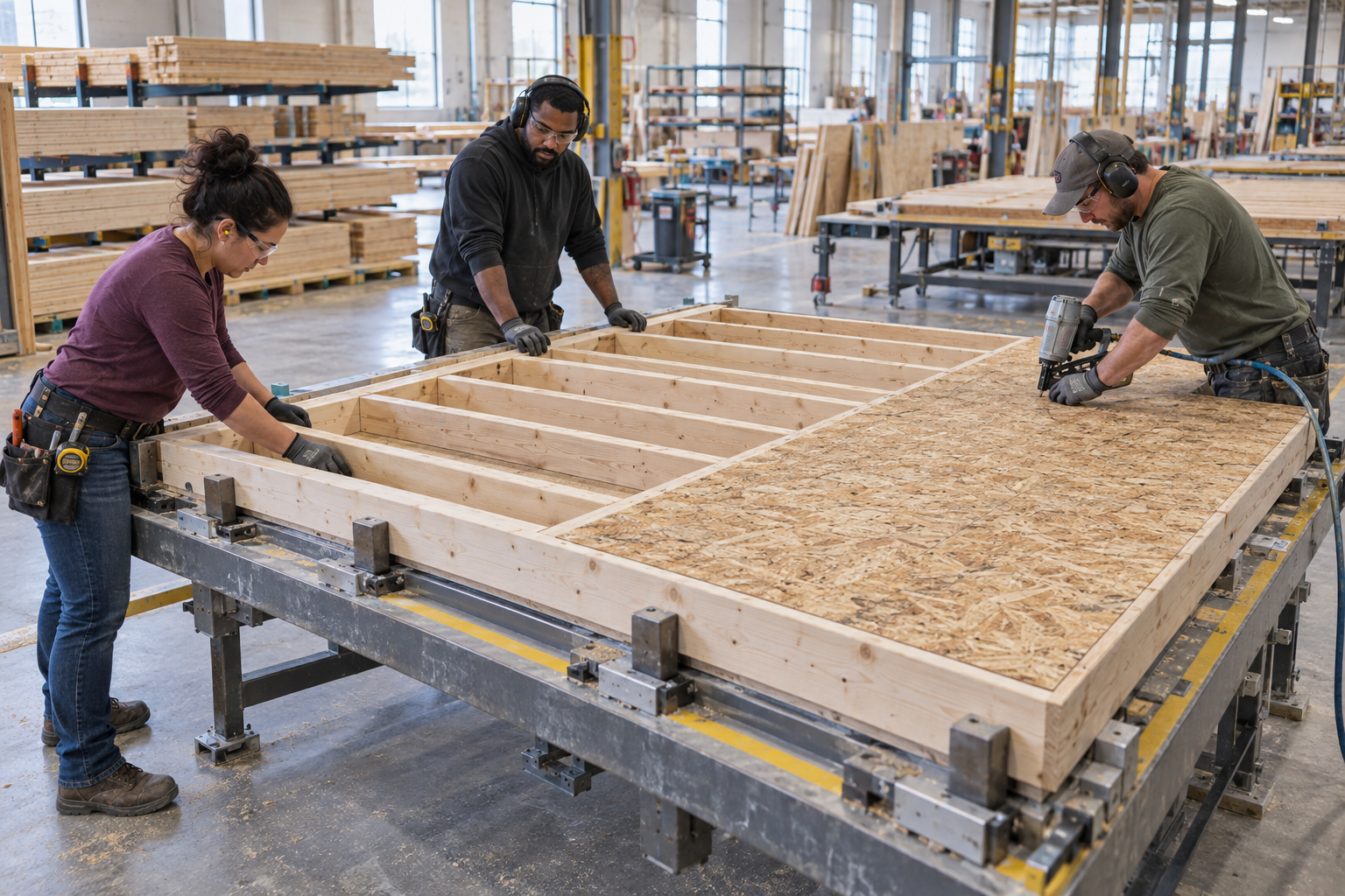 Conceptual illustration of craftspeople assembling a conventional lumber-framed wall on a precision table inside a factory