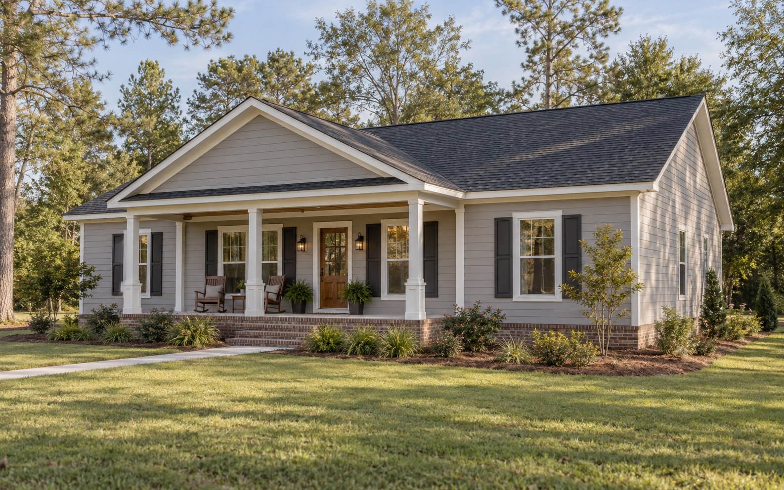 Illustrative gray American Framewright ranch home with a broad front porch