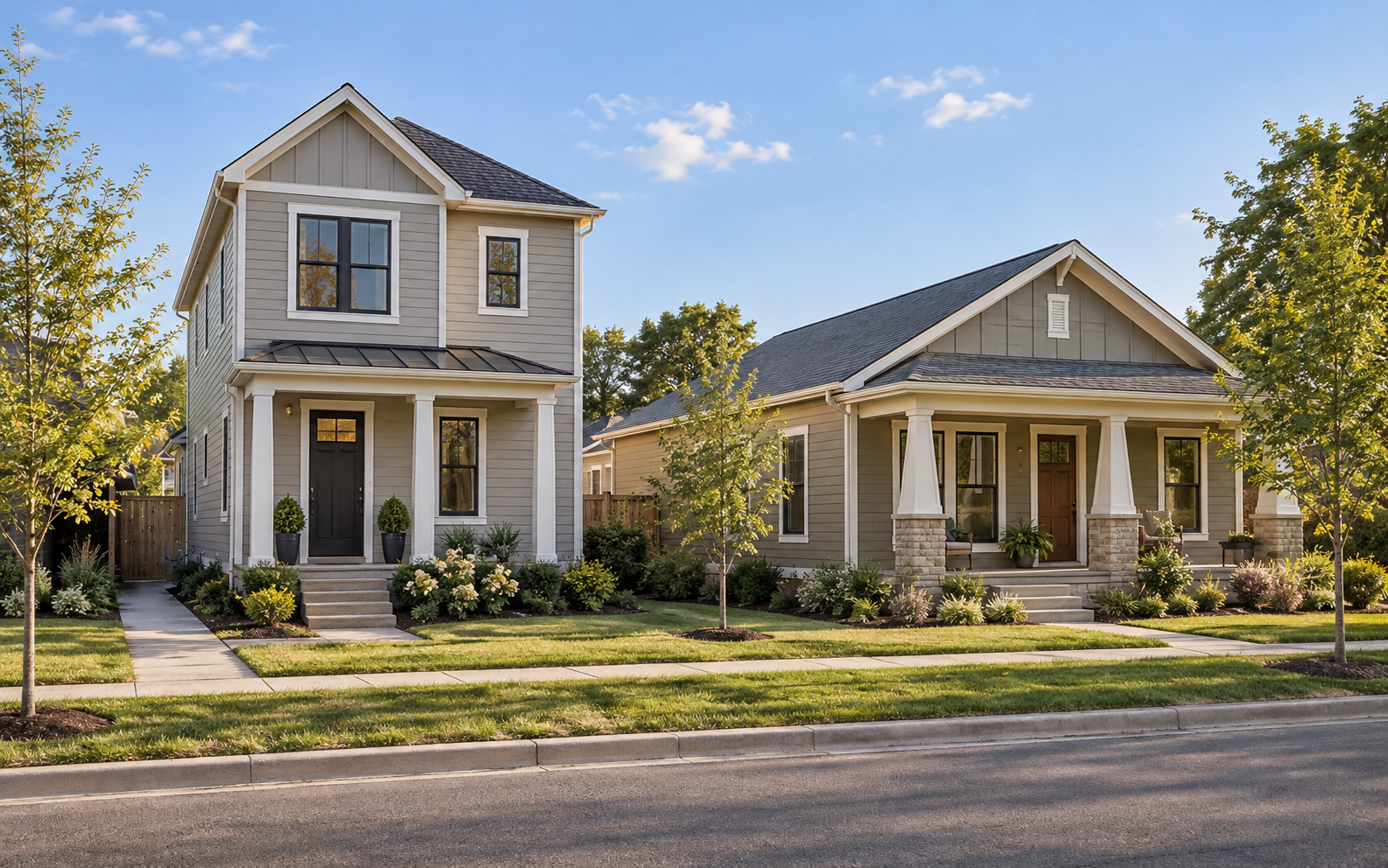 Illustrative American Framewright cottage and narrow-lot homes in a walkable neighborhood